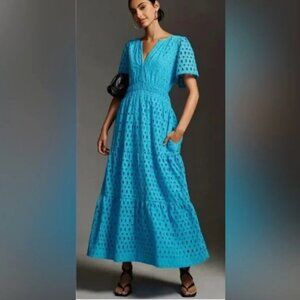 Anthropologie Somerset Maxi Dress M Blue Eyelet Split Neck Short Sleeve Tiered